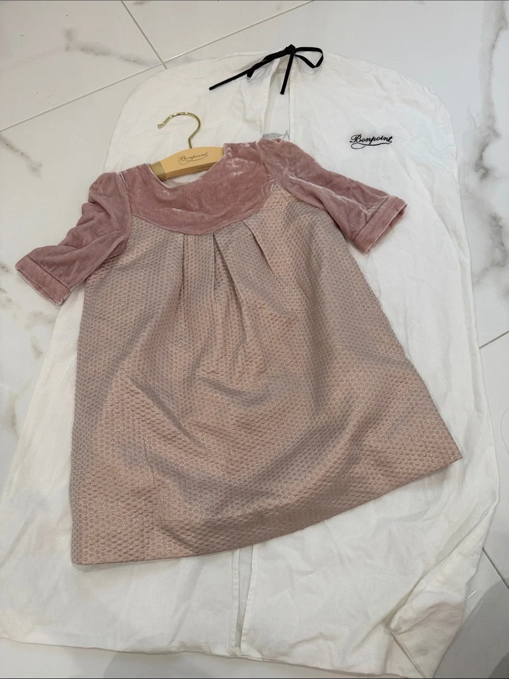 Bonpoint Pink Velvet Yoke Textured Dress